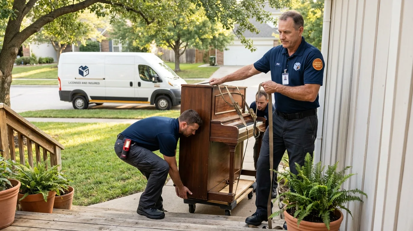 Licensed piano movers securing grand piano in West Newton, PA