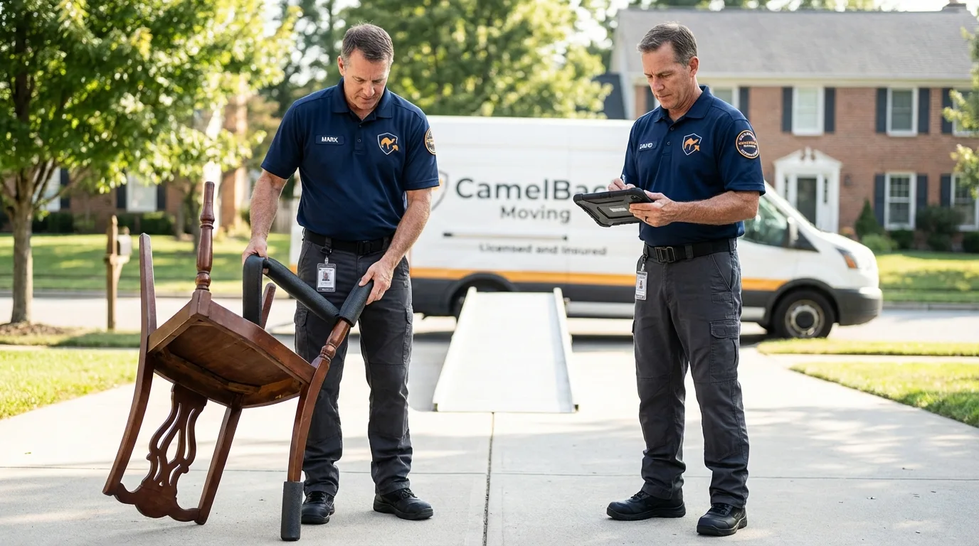 Movers inspecting furniture for damage prevention before loading in West Newton, PA