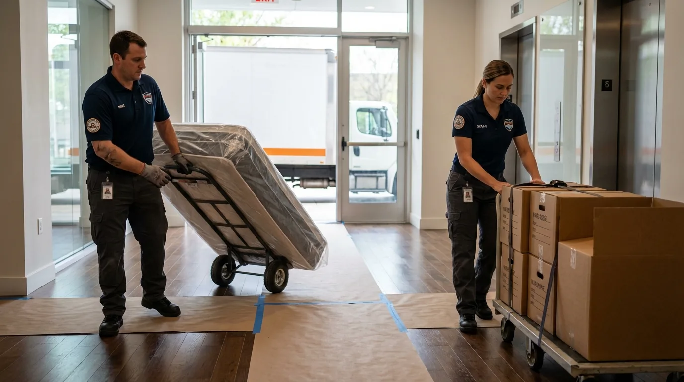 Professional apartment movers loading elevator in West Newton, PA